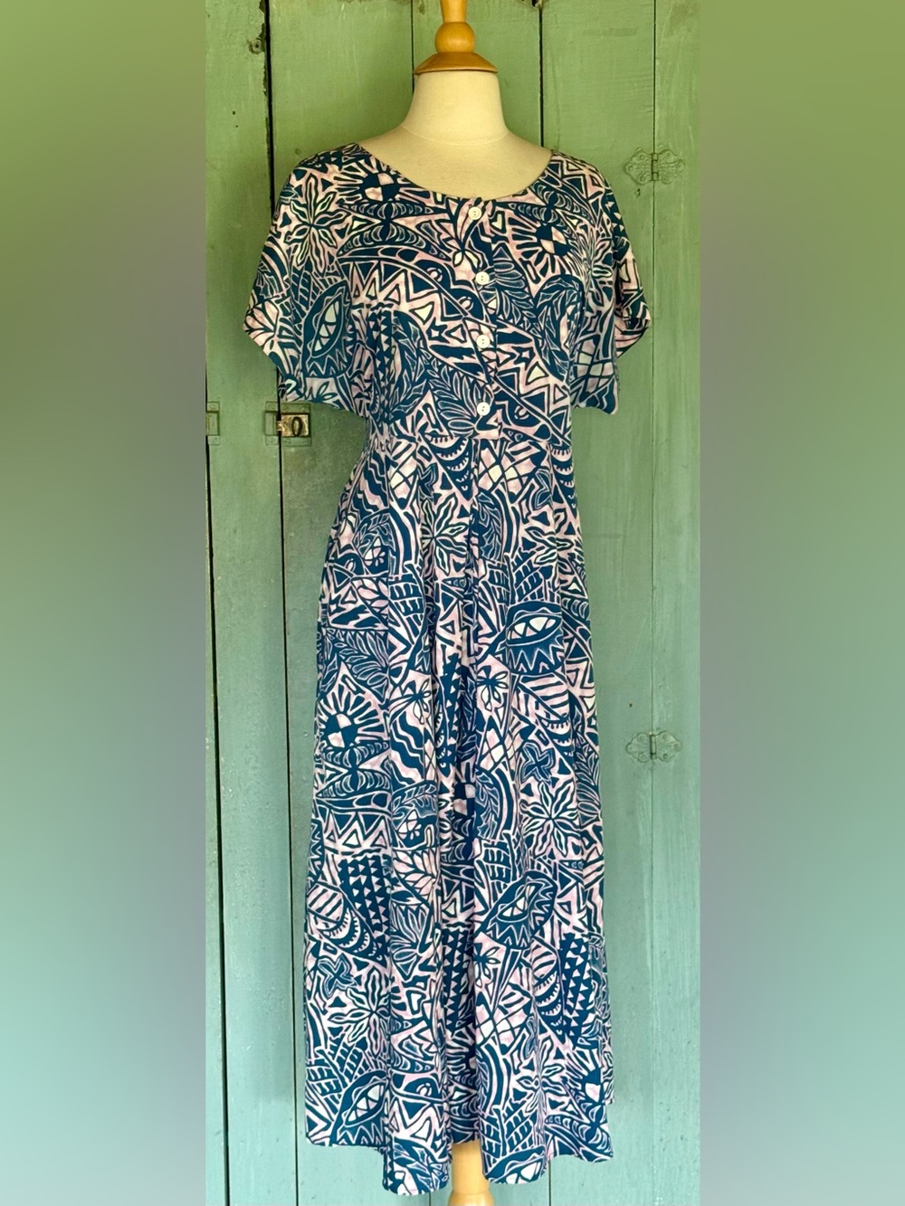 VTG 70's Made In Hawaii Tourist Btn Frnt Day Patio Hostess Cottn Batik Dress M/L